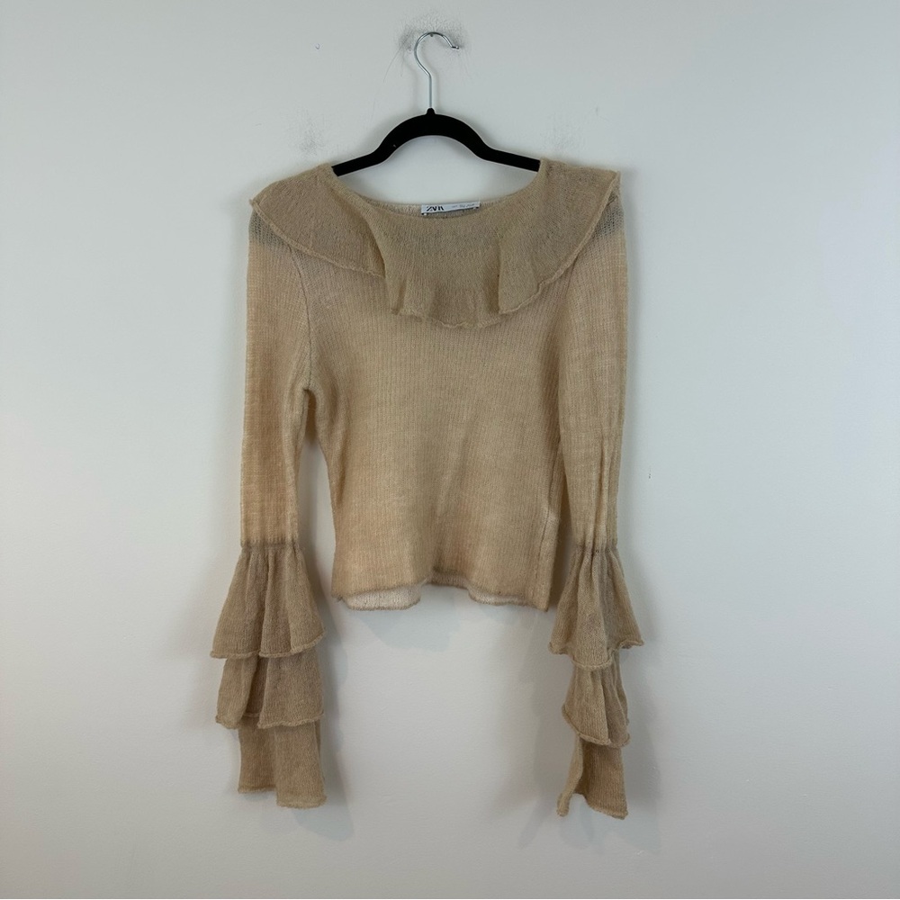 Zara Alpaca and Wool Fine Knit Sweater Large Ruffle Neck and Sleeves - Picture 2 of 7